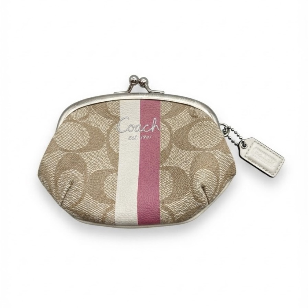 Vintage Coach Signature Canvas Kisslock Coin Purse Pink Stripe